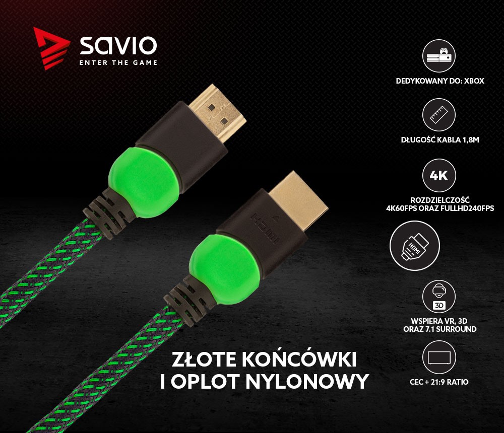Kabel HDMI 2.0 dedykowany do XBOX zielono-czarny 1,8m, GCL-03